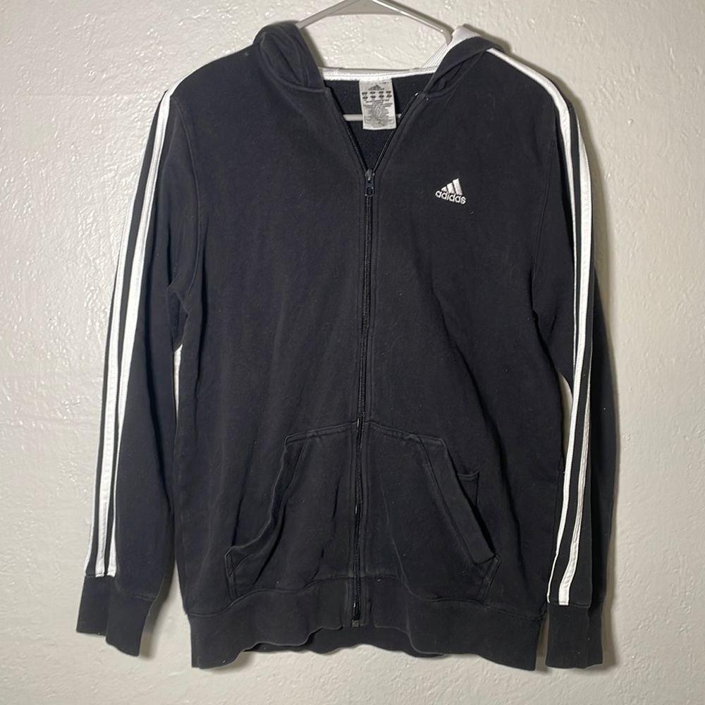Black Adidas hoodie zip up, stripes down the sleeves, size large!
